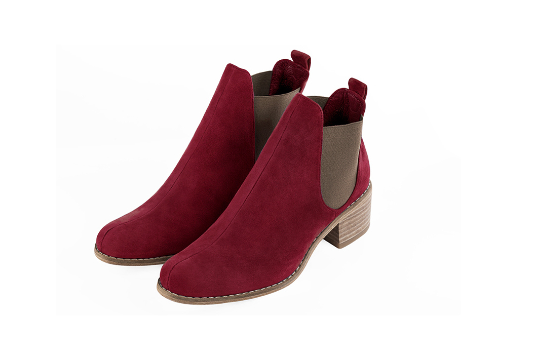 Burgundy red and taupe brown women's ankle boots, with elastics. Round toe. Low leather soles. Front view - Florence KOOIJMAN